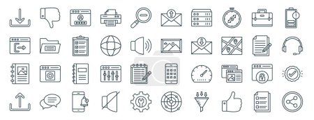 set of 40 outline web basic elements icons such as dislike, , album, upload, compose, low battery, send icons for report, presentation, diagram, web design, mobile app