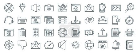 set of 40 outline web basic elements icons such as funnel, headphone, view, tings, notification, zoom in, navigation icons for report, presentation, diagram, web design, mobile app