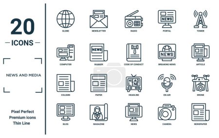 Ilustración de Conjunto de iconos lineales de noticias y medios. incluye globo de línea delgada, computadora, columna, blog, periódico, código de conducta, iconos de drones para informe, presentación, diagrama, diseño web - Imagen libre de derechos
