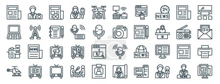 Set von 40 umrissenen Webnachrichten und Mediensymbolen wie Kameramann, Laptop, Druckmaschine, Hubschrauber, Radio, Presseraum, Massenmedien-Symbole für Bericht, Präsentation, Diagramm, Webdesign, mobile App