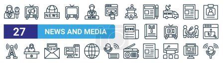 set of 27 outline web news and media icons such as female journalist, commercial, news, editor, code of conduct, press secretary, radio, on air vector thin line icons for web design, mobile app.