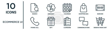 Illustration for Ecommerce ui outline icon set such as thin line search, calendar, barcode, gift, communications, remove from cart, phone call icons for report, presentation, diagram, web design - Royalty Free Image
