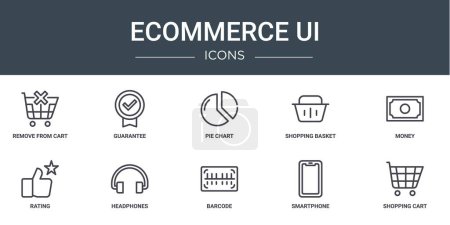 set of 10 outline web ecommerce ui icons such as remove from cart, guarantee, pie chart, shopping basket, money, rating, headphones vector icons for report, presentation, diagram, web design, mobile
