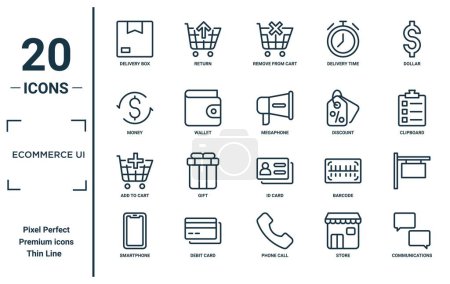 E-Commerce ui linearen Symbolsatz. Lieferbox, Geld, Einkaufswagen, Smartphone, Kommunikation, Megafon, Icons für Bericht, Präsentation, Diagramm, Webdesign