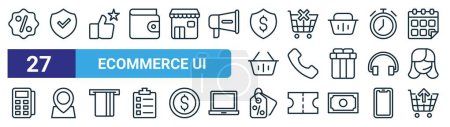 set of 27 outline web ecommerce ui icons such as discount, shield, rating, remove from cart, phone call, location, discount, return vector thin line icons for web design, mobile app.