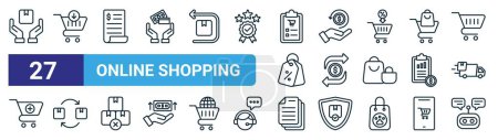 Illustration for Set of 27 outline web online shopping icons such as product, buy, invoice, cashback, transaction, replacement, collection, chatbox vector thin line icons for web design, mobile app. - Royalty Free Image