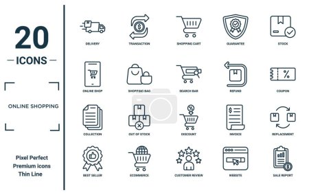 online shopping linear icon set. includes thin line delivery, online shop, collection, best seller, sale report, search bar, replacement icons for report, presentation, diagram, web design