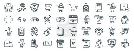 Illustration for Set of 40 outline web online shopping icons such as cashback, replacement, discount, shopping bag, add to cart, stock, search bar icons for report, presentation, diagram, web design, mobile app - Royalty Free Image