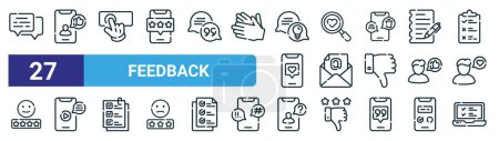 set of 27 outline web feedback icons such as chat, satisfied, click, search, email, live, asking, online vector thin line icons for web design, mobile app.