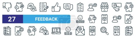set of 27 outline web feedback icons such as dislike, cyber, quotes, customer, delete, satisfied, email, qualifications vector thin line icons for web design, mobile app.