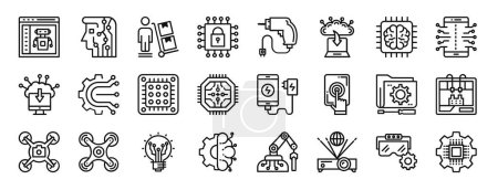 set of 24 outline web artificial intelligence icons such as hine learning, human intelligence, push cart, cyber security, drill, cloud backup, neural network vector icons for report, presentation,