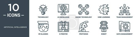 jeu d'icônes de contour d'intelligence artificielle comprend la technologie de ligne mince, la connaissance ai, la technologie de drone, l'apprentissage de la hine, la gestion d'équipe, les lunettes vr, les icônes d'imprimante d pour rapport, présentation, diagramme,