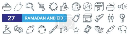 set of 27 outline web ramadan and eid icons such as samosa, mango, tasbih, no drink, kaaba, lemon slice, star, sheep vector thin line icons for web design, mobile app.