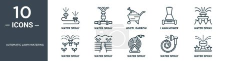conjunto de iconos de riego de césped automático incluye pulverización de agua de línea delgada, pulverización de agua, carretilla de rueda, cortacésped, pulverización de agua, iconos para el informe, presentación, diagrama, diseño web