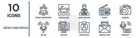 news and media outline icon set such as thin line press conference, news anchor, camera, article, newsletter, podcast, on air icons for report, presentation, diagram, web design