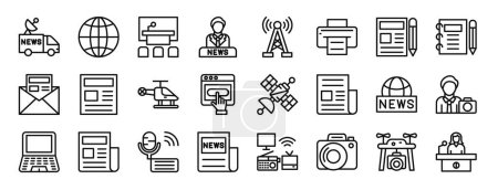 set of 24 outline web news and media icons such as van, globe, press room, news anchor, tower, printer, editor vector icons for report, presentation, diagram, web design, mobile app