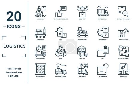 logistics linear icon set. includes thin line cargo ship, cargo ship, shipping time, wooden box, packaging, delivery van, hand delivery icons for report, presentation, diagram, web design