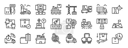 set of 24 outline web logistics icons such as barcode scan, delivery truck, packages, cargo ship, cargo crane, forklift, cargo truck vector icons for report, presentation, diagram, web design,