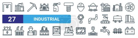 set of 27 outline web industrial icons such as gantry crane, factory, pickaxe, mine cart, pipeline, factory, pressure meter, car battery vector thin line icons for web design, mobile app.