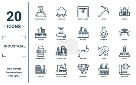 Ensemble d'icônes linéaires industrielles. comprend une fiole chimique à ligne mince, une usine, une bouche d'incendie, une usine, un prototype, une usine, des icônes de plate-forme pétrolière pour rapport, présentation, diagramme, conception Web