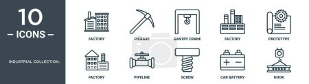 industrial collection. outline icon set includes thin line factory, pickaxe, gantry crane, factory, prototype, factory, pipeline icons for report, presentation, diagram, web design
