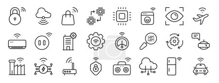 set of 24 outline web internet of things icons such as smart lock, cloud technology, retail, chip, chip, smart washing hine, eye scan vector icons for report, presentation, diagram, web design,