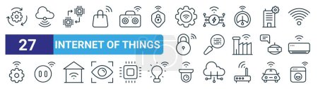 set of 27 outline web internet of things icons such as processor, cloud technology, chip, smart light, data analysis, smart switch, cctv, smart washing hine vector thin line icons for web design,
