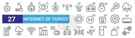 set of 27 outline web internet of things icons such as ting, router, smart meter, radio, smart switch, cloud technology, smart light, chip vector thin line icons for web design, mobile app.