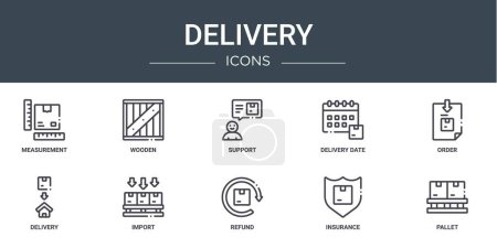 set of 10 outline web delivery icons such as measurement, wooden, support, delivery date, order, delivery, import vector icons for report, presentation, diagram, web design, mobile app