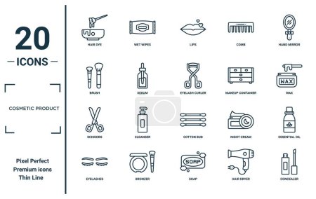 cosmetic product linear icon set. includes thin line hair dye, brush, scissors, eyelashes, concealer, eyelash curler, essential oil icons for report, presentation, diagram, web design
