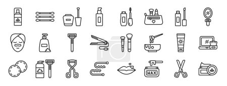 Set mit 24 umrissenen Web-Kosmetikprodukt-Symbolen wie Spray, Wattestäbchen, Nagellack, Foundation, Augenmascara, Kosmetikbeutel, Concealer-Vektor-Symbole für Bericht, Präsentation, Diagramm, Webdesign,