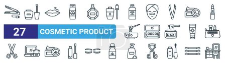 Illustration for Set of 27 outline web cosmetic product icons such as hair straightener, nail polish, lips, pore, eye shadow, blush, lotion, dressing table vector thin line icons for web design, mobile app. - Royalty Free Image