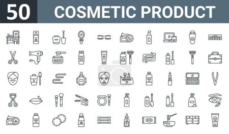 Illustration for Set of 50 outline web cosmetic product icons such as dressing table, spray, nail polish, hand mirror, eyelashes, night cream, foundation vector thin icons for report, presentation, diagram, web - Royalty Free Image