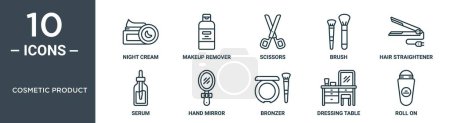 Kosmetik Produkt Umriss Symbol-Set enthält dünne Linie Nachtcreme, Make-up-Entferner, Schere, Pinsel, Haarglätter, Serum, Handspiegel Symbole für Bericht, Präsentation, Diagramm, Web-Design