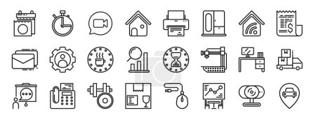 set of 24 outline web work icons such as calendar, timer, video call, house, printer, clo, smart house vector icons for report, presentation, diagram, web design, mobile app