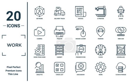 work linear icon set. includes thin line network, camera, work from home, analytic, cloud storage, mouse clicker, hourglass icons for report, presentation, diagram, web design