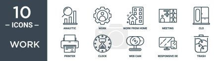 conjunto de iconos de esquema de trabajo incluye análisis de línea delgada, trabajo, trabajo desde casa, reunión, clo, impresora, iconos de reloj para el informe, presentación, diagrama, diseño web