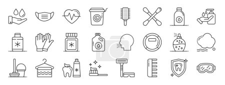 Satz von 24 umrissenen Web-Hygiene-Symbolen wie Wasser, Maske, Herzschlag, Mülleimer, Haarbürste, Wattestäbchen, Desinfektionsmittel-Vektorsymbole für Bericht, Präsentation, Diagramm, Webdesign, mobile App