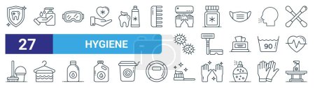 Satz von 27 Umrissen Web-Hygiene-Symbole wie Zahnschutz, Händedesinfektionsmittel, Skibrille, Mundpflege, Rasierer, Handtuch, Zahnbürste, Desinfektionsmittel Vektor dünne Linie Symbole für Web-Design, mobile App.