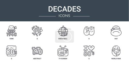 Illustration for Set of 10 outline web decades icons such as tank, s, disco ball, s, hat, s, abstract vector icons for report, presentation, diagram, web design, mobile app - Royalty Free Image