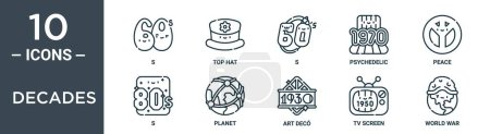 Illustration for Decades outline icon set includes thin line s, top hat, s, psychedelic, peace, s, planet icons for report, presentation, diagram, web design - Royalty Free Image