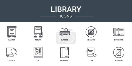 set of 10 outline web library icons such as cabinet, return, glasses, no eating, bookmark, search, qr vector icons for report, presentation, diagram, web design, mobile app