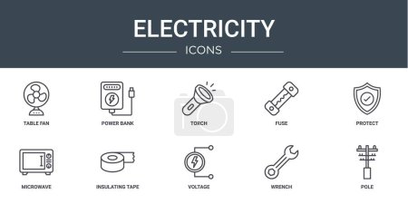 set of 10 outline web electricity icons such as table fan, power bank, torch, fuse, protect, microwave, insulating tape vector icons for report, presentation, diagram, web design, mobile app