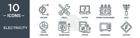 electricity outline icon set includes thin line voltage, tools, laptop, power transformer, pole, table fan, power bank icons for report, presentation, diagram, web design
