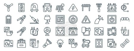 set of 40 outline web electricity icons such as smartphone charger, cell, plug, circuit board, turn on, voltage, high voltage icons for report, presentation, diagram, web design, mobile app