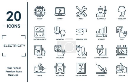 electricity linear icon set. includes thin line circuit, voltage indicator, tester, motor, resistor, insulating tape, electric icons for report, presentation, diagram, web design
