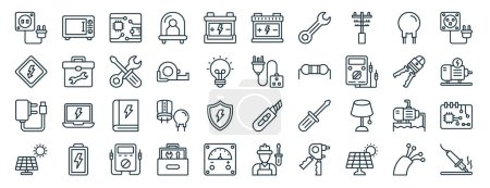 Illustration for Set of 40 outline web electricity icons such as microwave, caution, charger, solar energy, crimping, wall plug, car battery icons for report, presentation, diagram, web design, mobile app - Royalty Free Image
