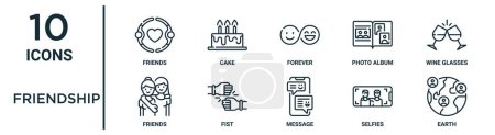 friendship outline icon set such as thin line friends, forever, wine glasses, fist, selfies, earth, friends icons for report, presentation, diagram, web design