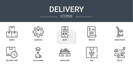 set of 10 outline web delivery icons such as boxes, logistics, rate, invoice, hand truck, delivery time, fulfillment vector icons for report, presentation, diagram, web design, mobile app