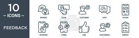 Feedback umreißt Symbolsatz umfasst dünne Linie Meinung, klicken, Kunde, Chat, Abstimmung, zufrieden, Cyber-Symbole für Bericht, Präsentation, Diagramm, Webdesign